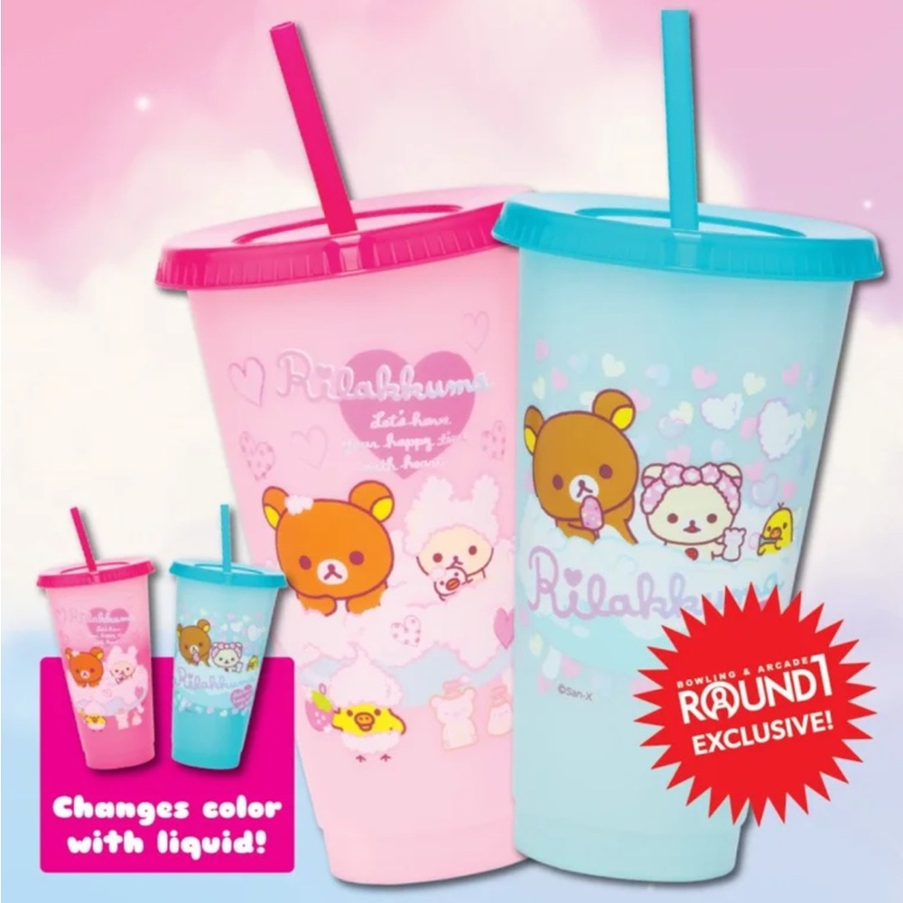 New Rilakkuma 2 Color Changing Reusable Cups, 24oz, Pink Blue
